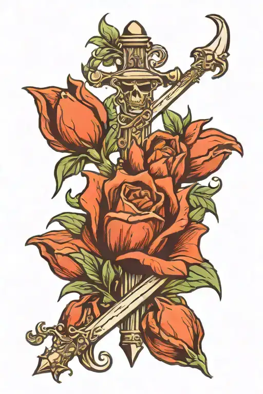 Fine Line Double Edged Sword Wrapped By Vines With Tulips