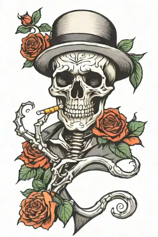 Skull Smoking Cigarette With Roses