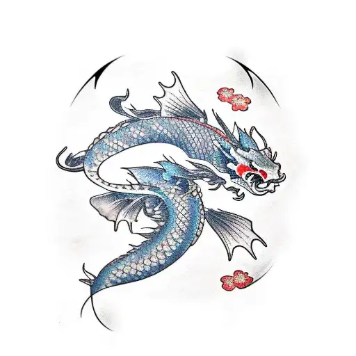Dragon 2 Koi Fish And Sakura Flowers