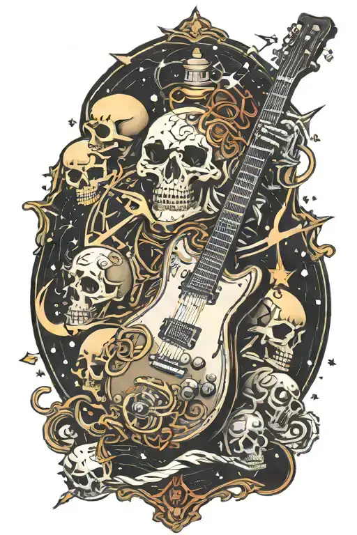 Electric Guitar Surrounded By Skull And Bones In Space