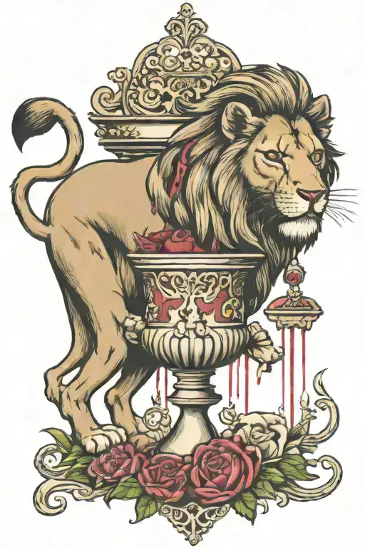 A Lion Eating Death And A Lamb Bleeding Into A Chalice That Is Pouring Out Onto Sin
