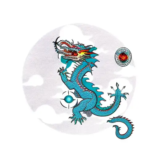 Taiwanase Dragon Around Compass With Clouds And Chinese Letters In Background