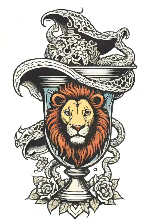 A Lion Crushing A Snake Next To A Lamb Bleeding Into A Chalice