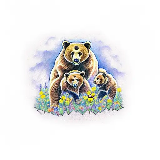 A Mother Russian Bear And Her Cubs Playing In A Field Of Wildflowers