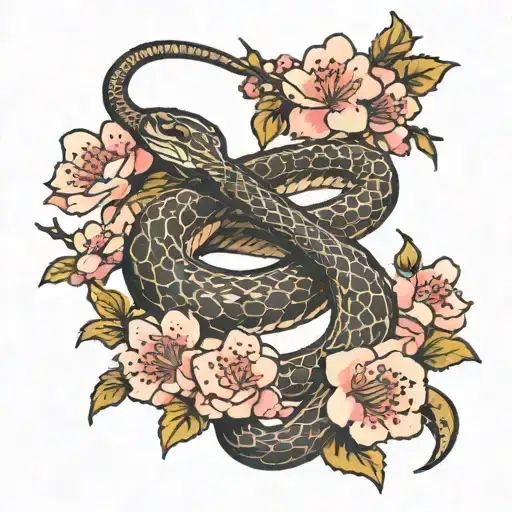 Snake With An Arrow Going Through It With Japanese Cherry Blossoms Around It