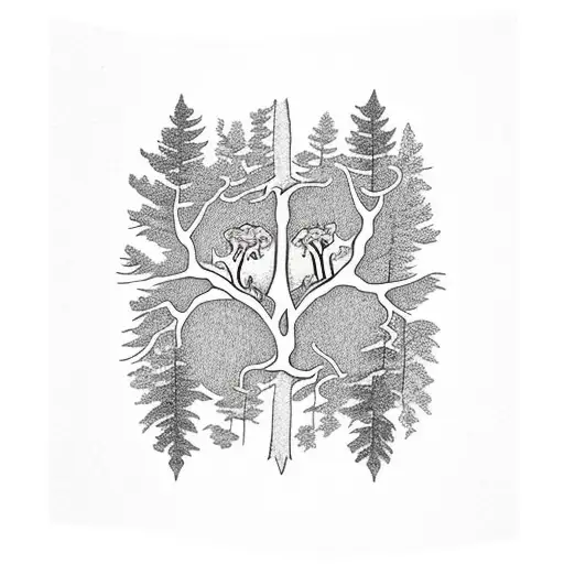 Majestic Redwood Tree With Intricate Roots Intertwined With Forest Animals