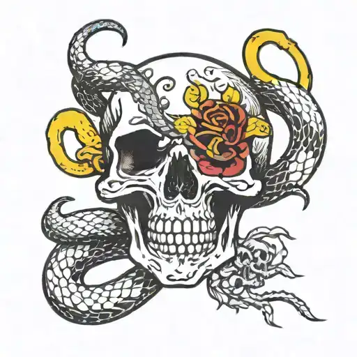 American Traditonal Snake And Skull Red Black And Yellow