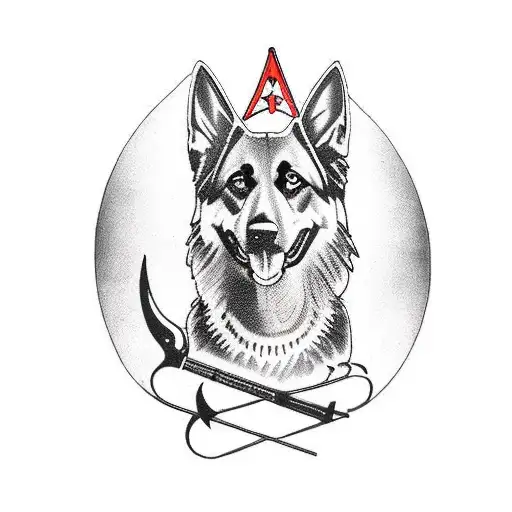 A Fierce Black German Shepherd Surrounded By Hunting Gear And Heavy Metal Symbols