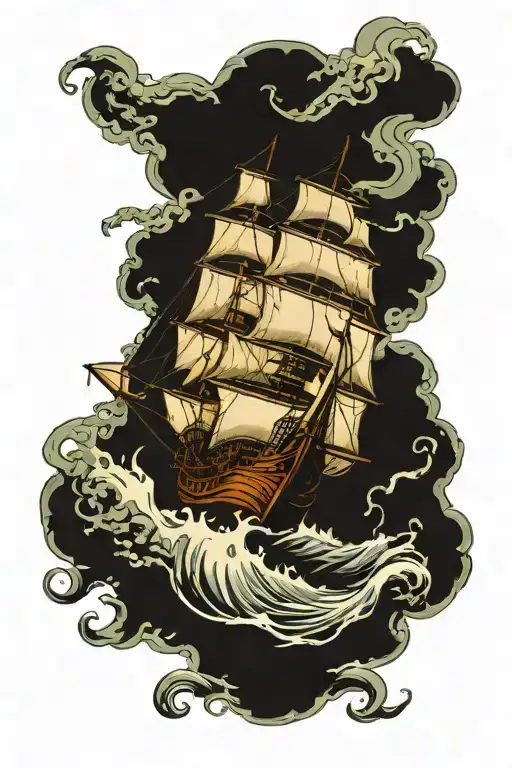 Ship Being Taken Down By Kraken With Tenticales Above Water And Head Below Water