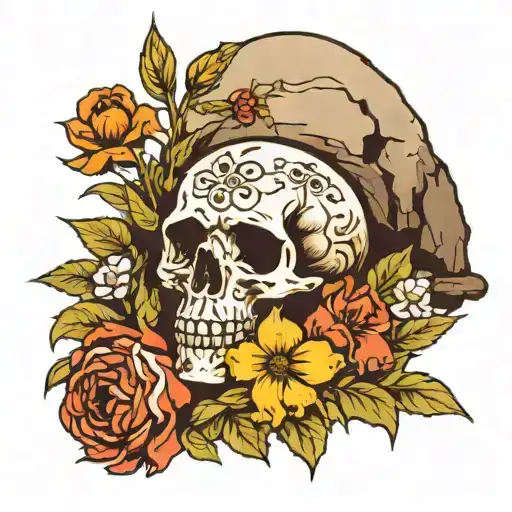 Skull In Flowers Growing With And Empty Tomb In The Background