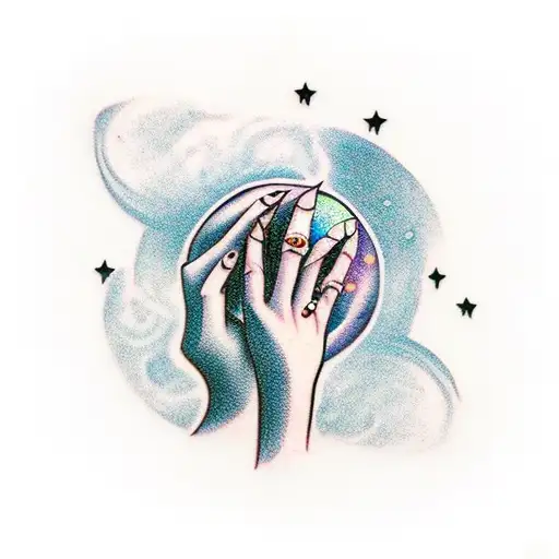 Female Hands With Squared Nails Holding A Universe And Magic In Between Them