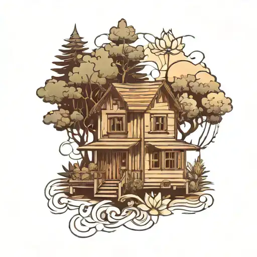Wooden House With Tall Trees And Lotus Flower