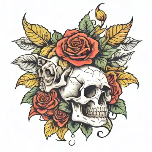 Skull Red Roses Yellow Sunflowers Intertwined
