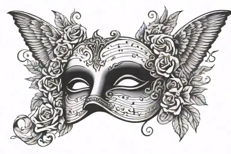 Phantom Of The Opera Mask Surrounded By Sheet Music And Wings