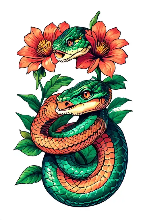 Snake With Two Heads And Flowers