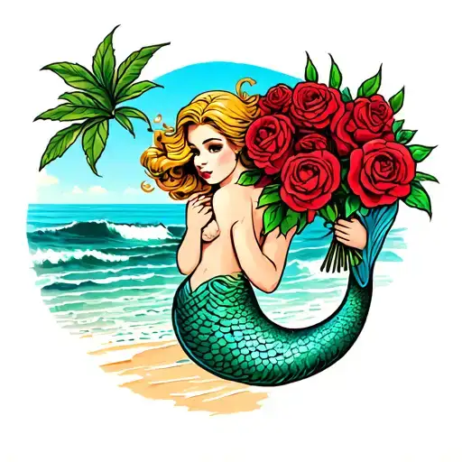 A Traditional Sailor Jerry Style Tattoo Of A Mermaid Holding A Bouquet Of Roses On The Beach