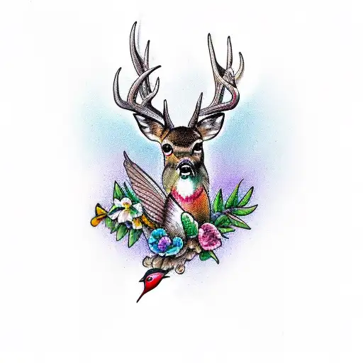 White Tail Deer With Humming Bird Sitting On Deer Antler