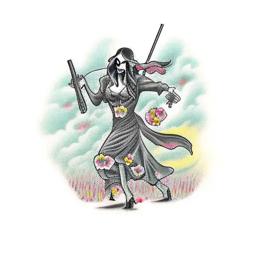 Grim Reaper With Girl In Flower Field