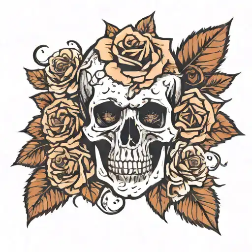 Skull And Roses With Thorns Wrapping Tattoo