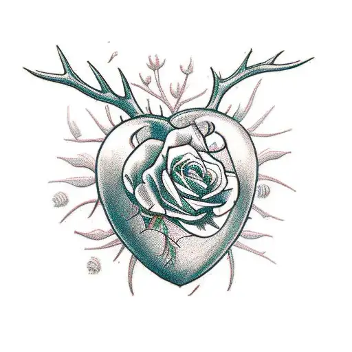 Deer Antler Heart With Thorns And Roses Around It
