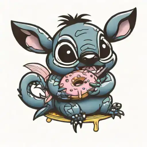 Disney Stitch Holding Pink Donut And A Cheese Ball