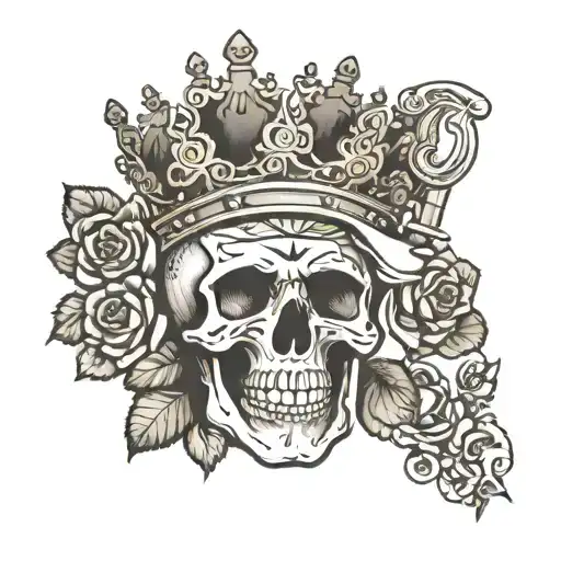 Skull Wearing Crown With Dagger Piercing Surrounded By Rose