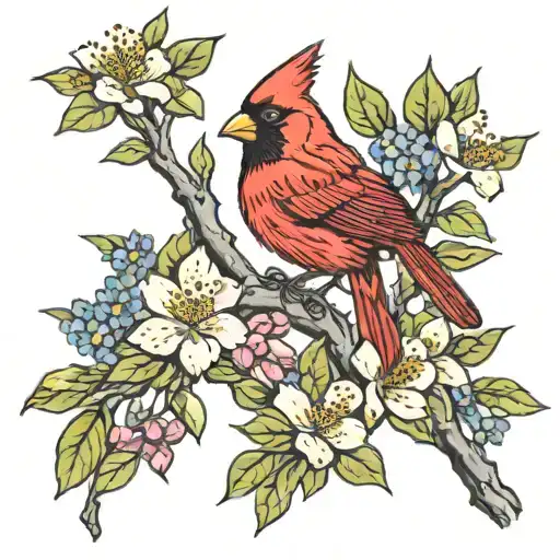 Cardinal On Dogwood Flowers Intertwined