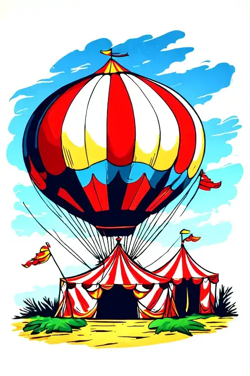 The Main Focus Should Be A Circus Tent And There Should Be A Hot Air Balloon In The Background