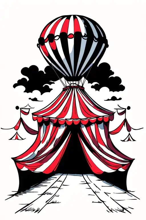 Red And White Circus Tent And A Hot Air Balloon With Lots Of Color Saturation
