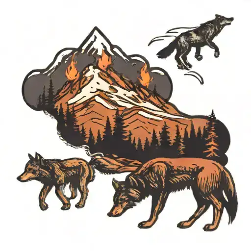 Mountainscape With Redwood Trees And Wolf Howling