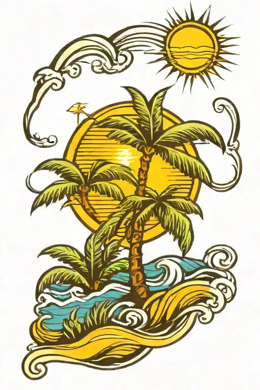 Palm Tree With Waves And Sun