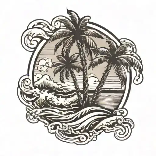 Mens Traditonal Palm Tree And Waves Black And White