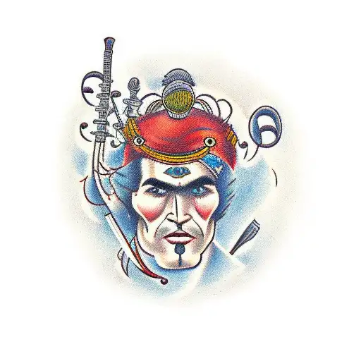 A Traditional Warrior Surrounded By Musical Instruments