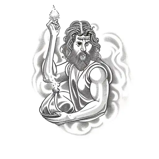 A Traditional Style Tattoo Of A Roman Mythology Scene With A Sorcerer Casting Spells With A Cauldron