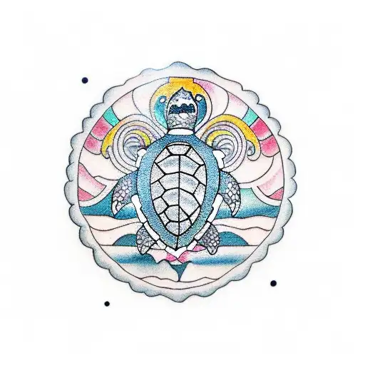 A Traditional Style Tattoo Of A Sea Turtle Surrounded By Symbols Representing Different Yoga Poses