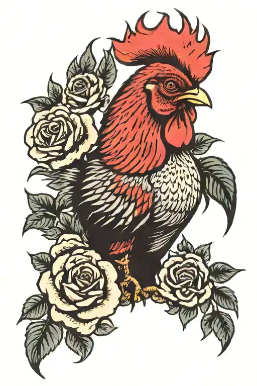 Rooster And Roses Surrounding