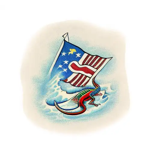 A Traditional-style Gecko Surfing On A Wave With A Maryland Flag In The Background