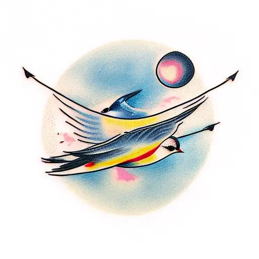 Two Swallows Flying Around The Sun
