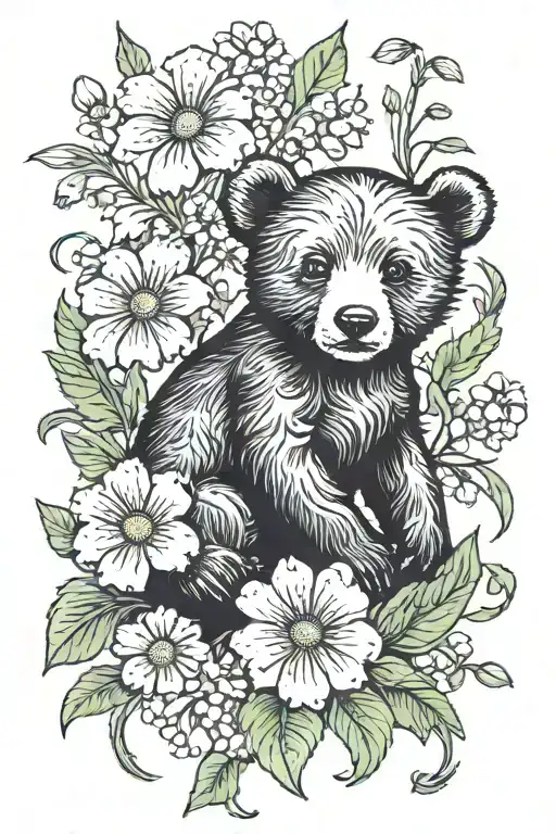 Baby Bear In A Field Of Sweet Pea And Daisy Flowers