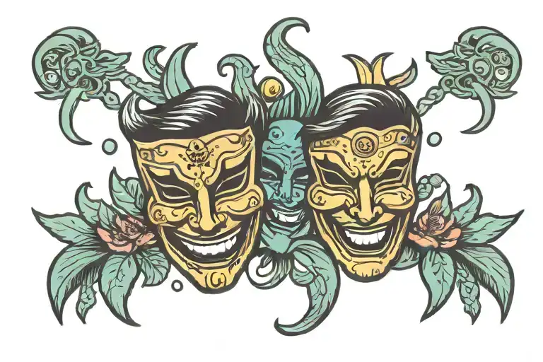 Comedy Tragedy Mask With Gemini Zodiac Symbol