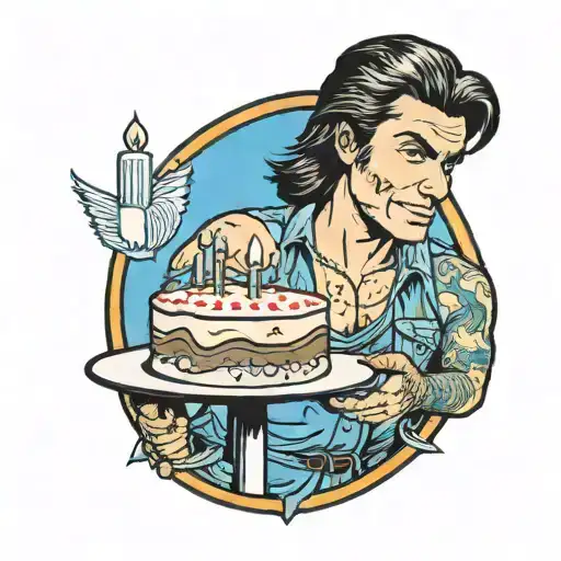 Man With Mullet Wearing Very Short Denim Shorts Holding A Birthday Cake