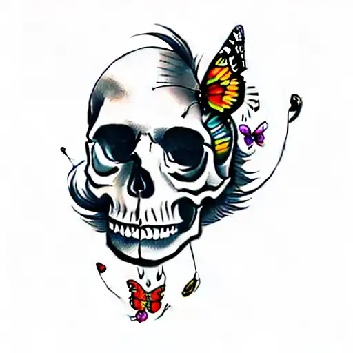 A Skull With Music Notes And Butterflies