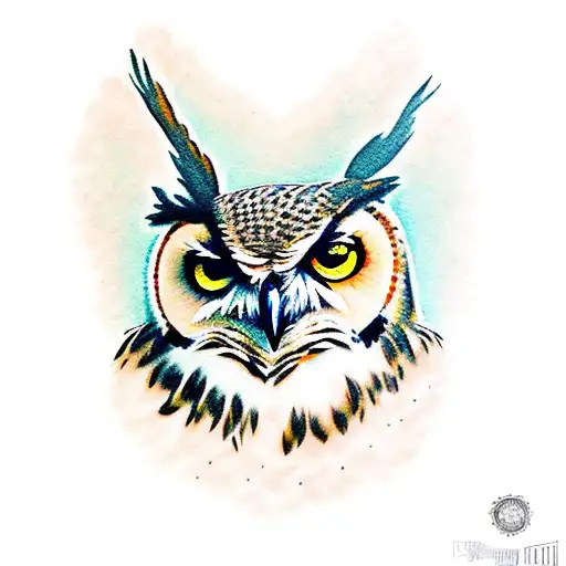 Great Horned Owl Bright Colored Eyes Forest In Background