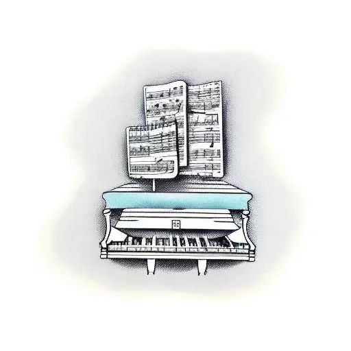Standing Piano With Sheet Music And Minimalistic Creative Designs Around