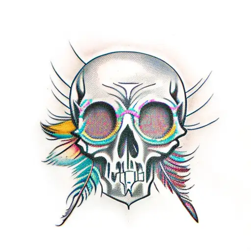 A Skull With Vibrant Feathers Emerging From Its Eye Sockets