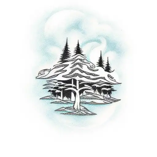 A Traditional Style Tattoo Showcasing A Peaceful Forest Landscape Merging With The Sea