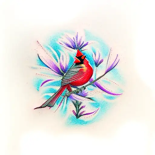 Red Cardinal With Aster Flower