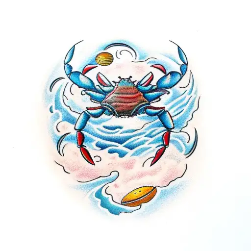 A Traditional-style Tattoo Of A Crab Surrounded By Ocean Elements