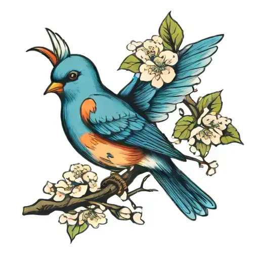 Blue Bird With Cherry Blossom