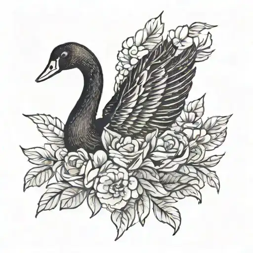 Black Swan And Simple Traditional Flowers
